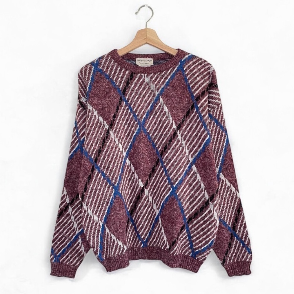Vintage 90s Knits-U-Save Tricots Valeur Argyle Crewneck Pullover Sweater Large